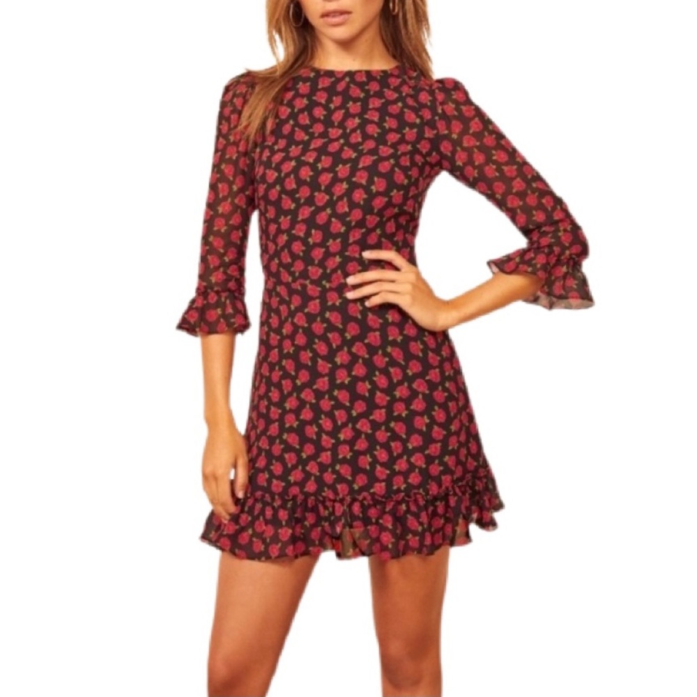 Reformation Black Mini Dress with Red Floral Design